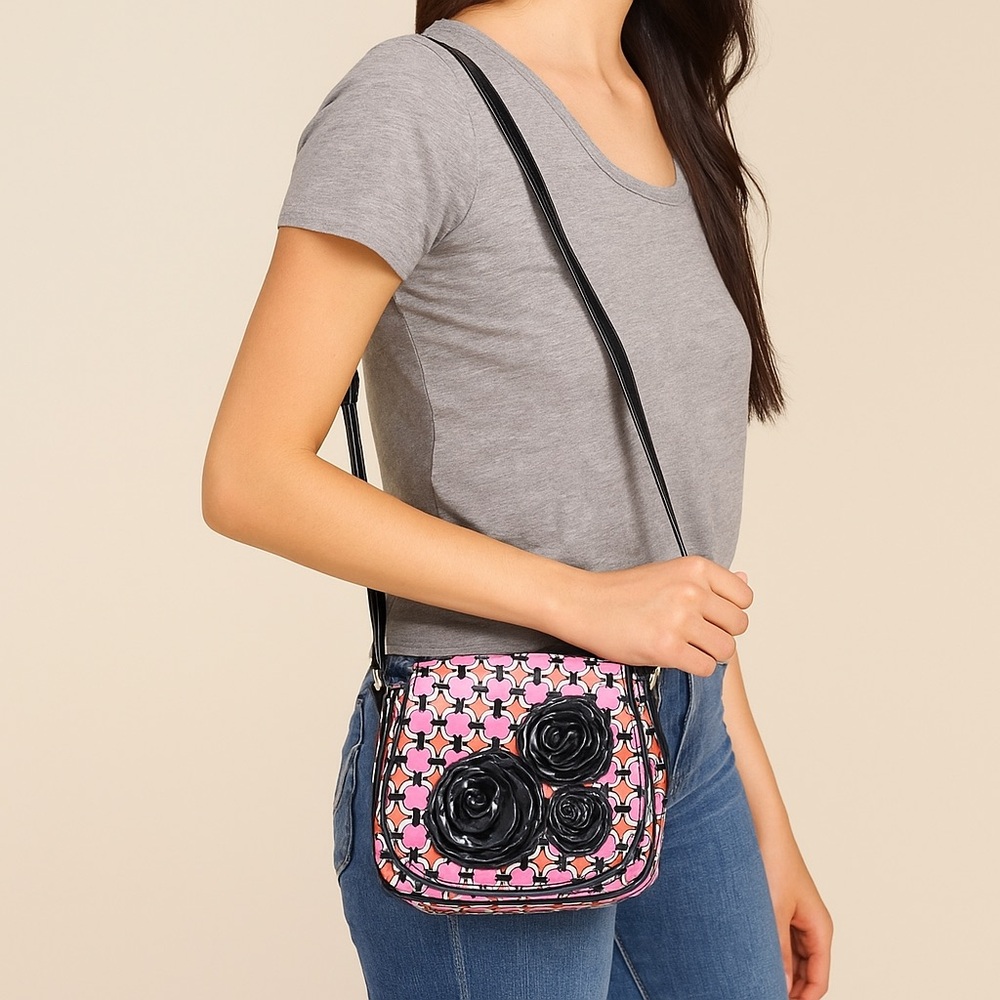 Vera Bradley Mod Pink Geometric Flap Crossbody Purse 3D Patent Flowers Small